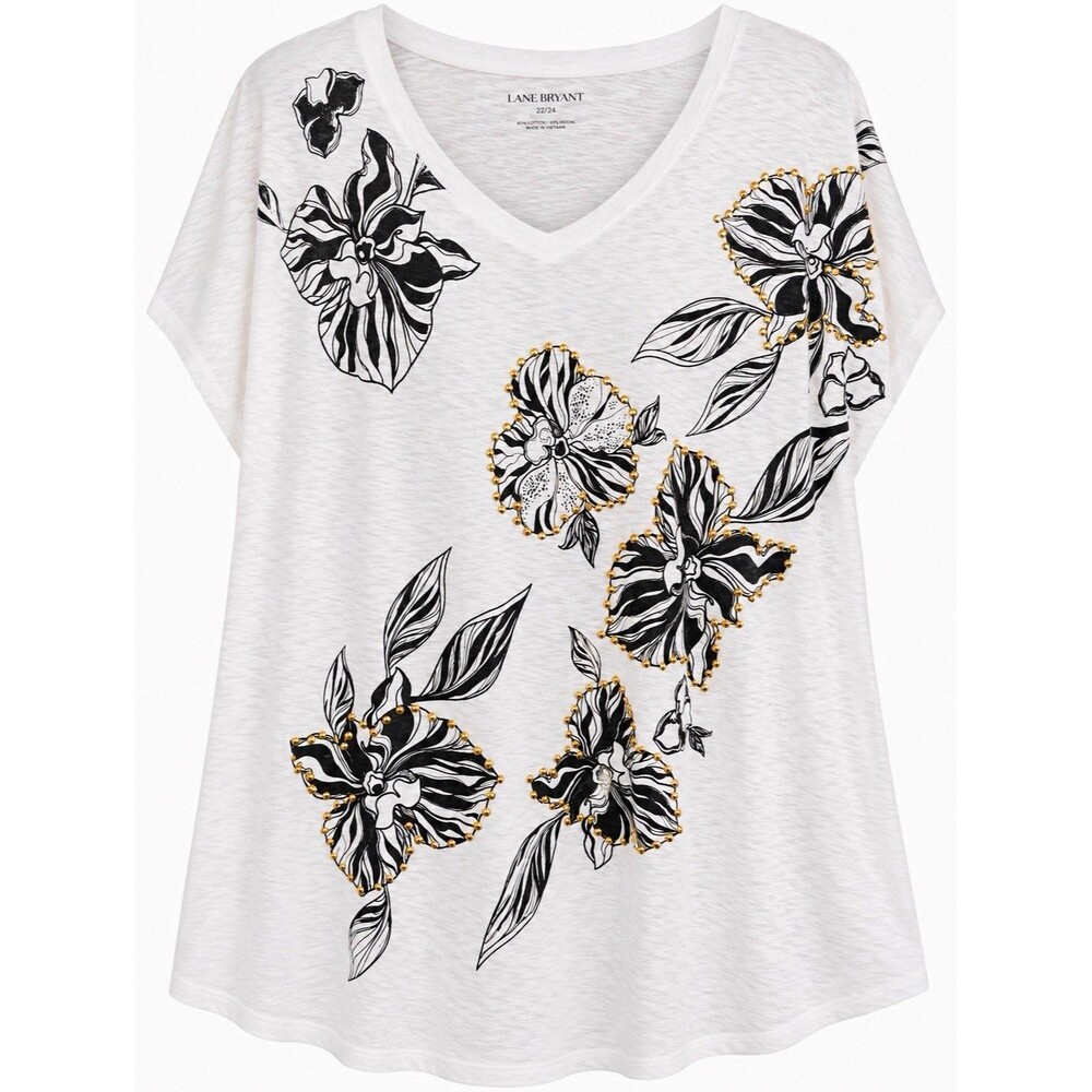 Lane Bryant Women’s Plus 18/20 White Floral V-Neck Beaded Short Sleeve Knit Tee